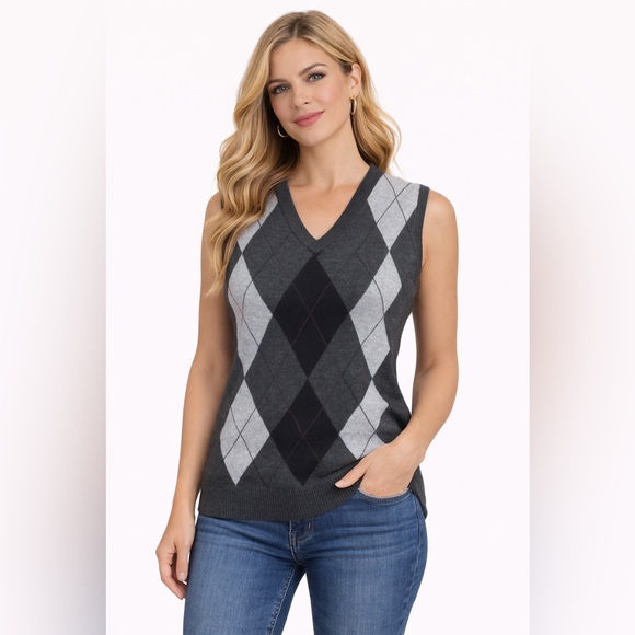Authentic Original Vintage Style Sweaters - Y2K Argyle Sweater Vest | V-Neck Knit Sleeveless Top